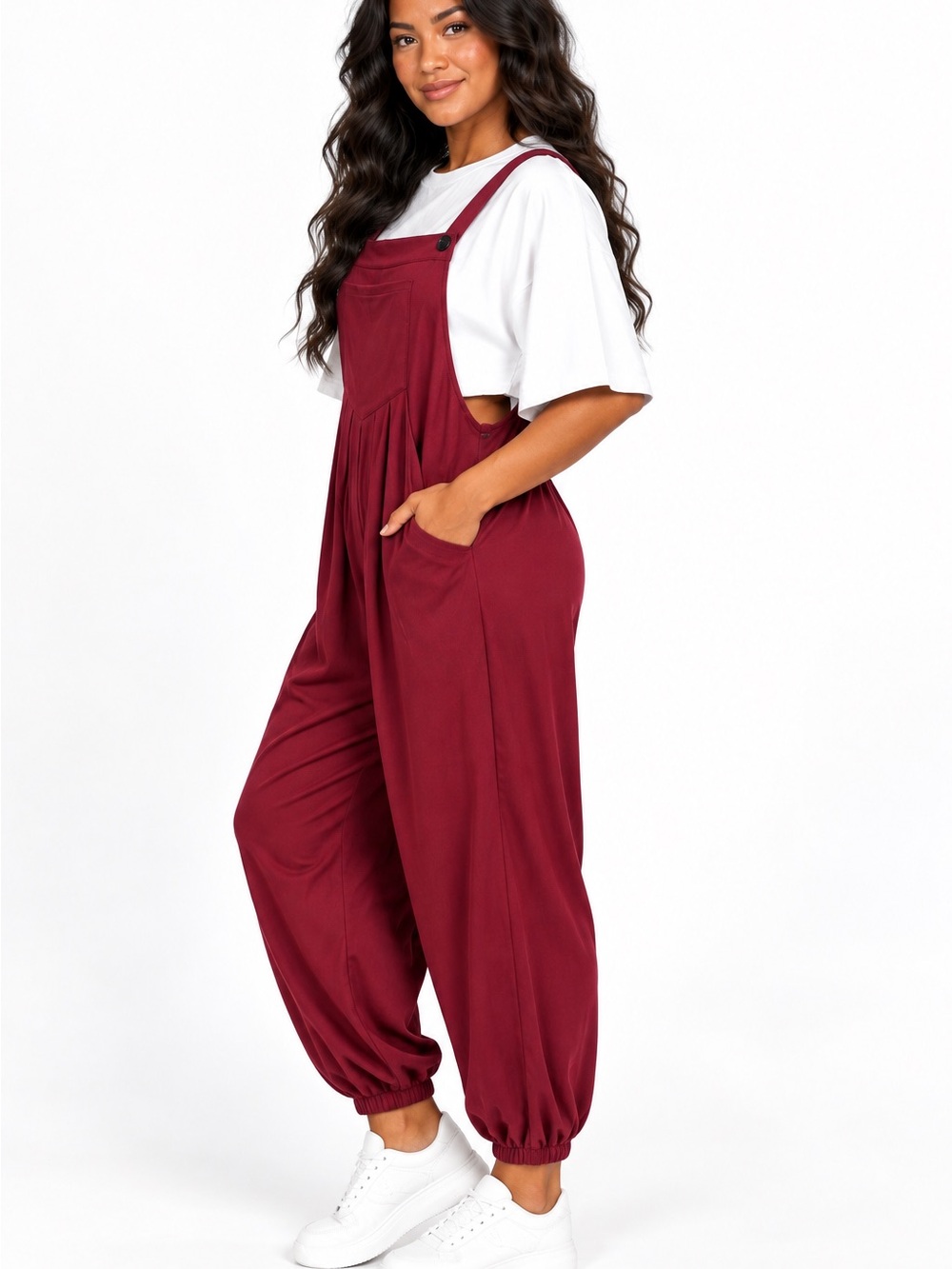 Halara Pockets Waffle Casual Jogger Overalls- Maroon